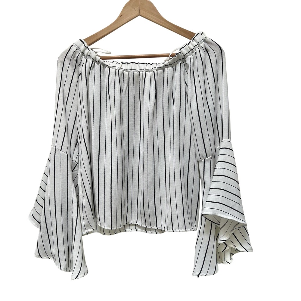 Striped Off Shoulder Blouse Bell Sleeve Top White Black‎
